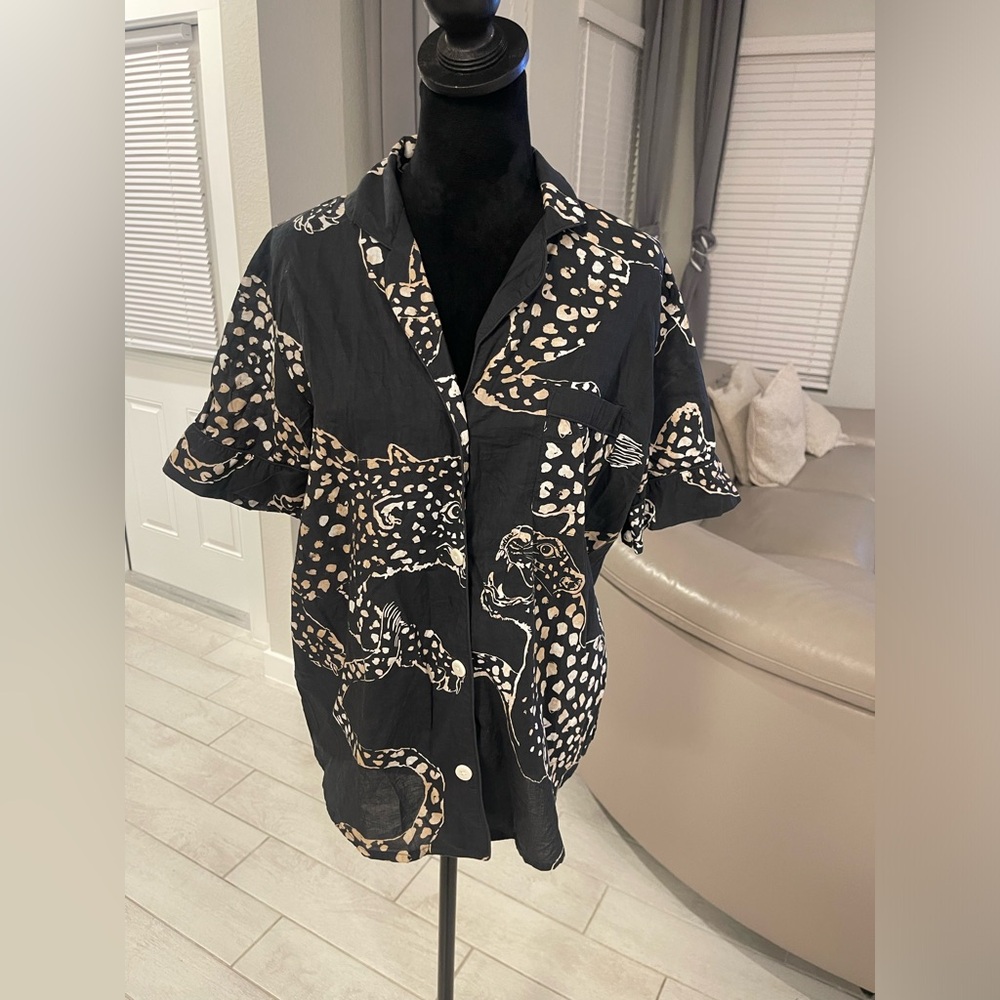 Desmond & Dempsey Jaguar print cotton Pajama Shirt top M
